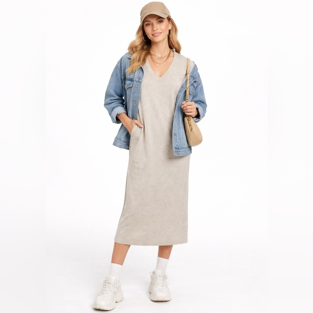 WILFRED MIDI V NECK NEUTRAL OATMEAL JERSEY DRESS XXS
